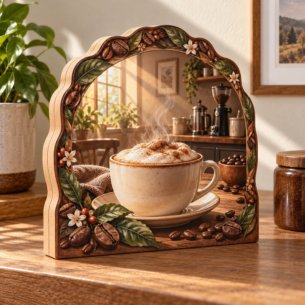 Stable flat base, three aligned wood slabs with two side join lines, uninterrupted printed front, cappuccino and sunlit coffee nook inside a leaf and bean frame.