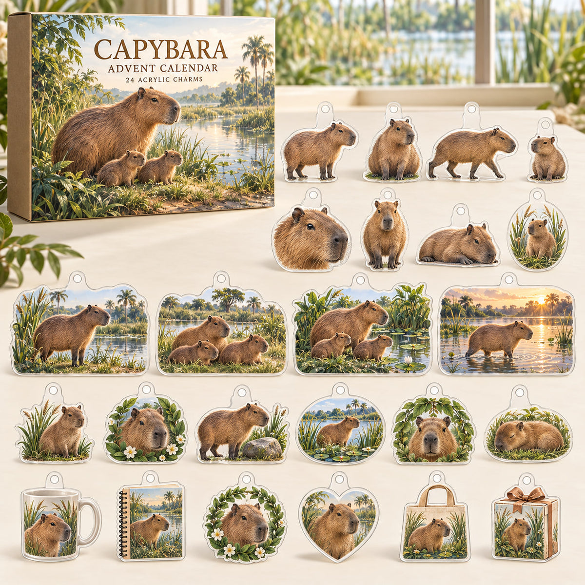 Capybara advent calendar box with 24 themed flat printed acrylic charms