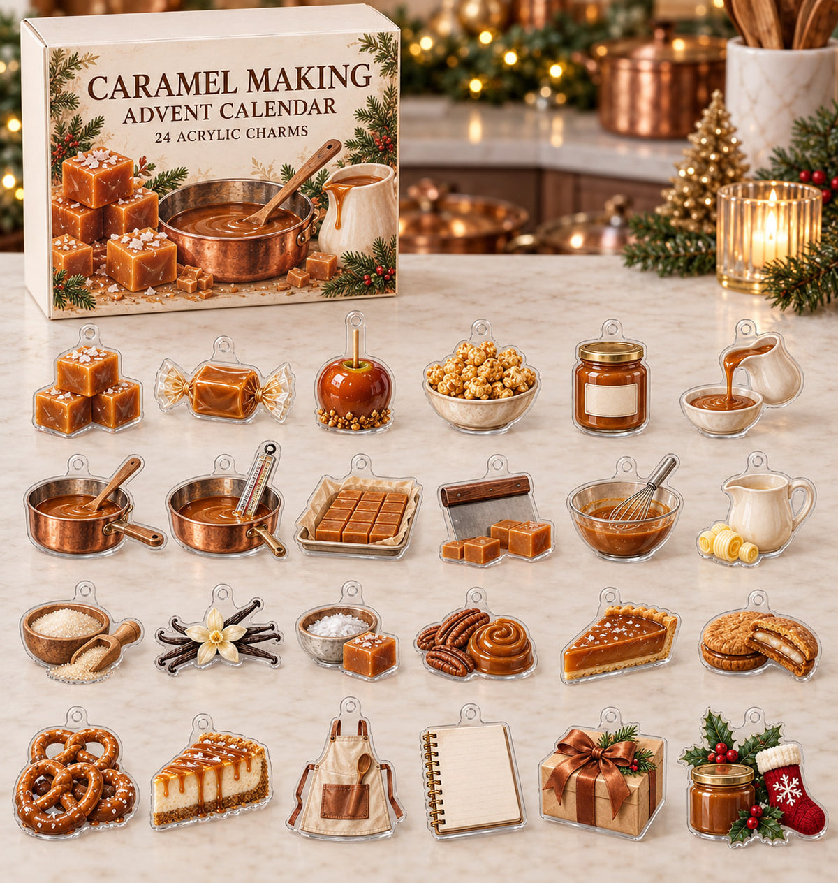 Caramel Making advent calendar with 24 custom-shaped flat acrylic charms and printed dimensional artwork