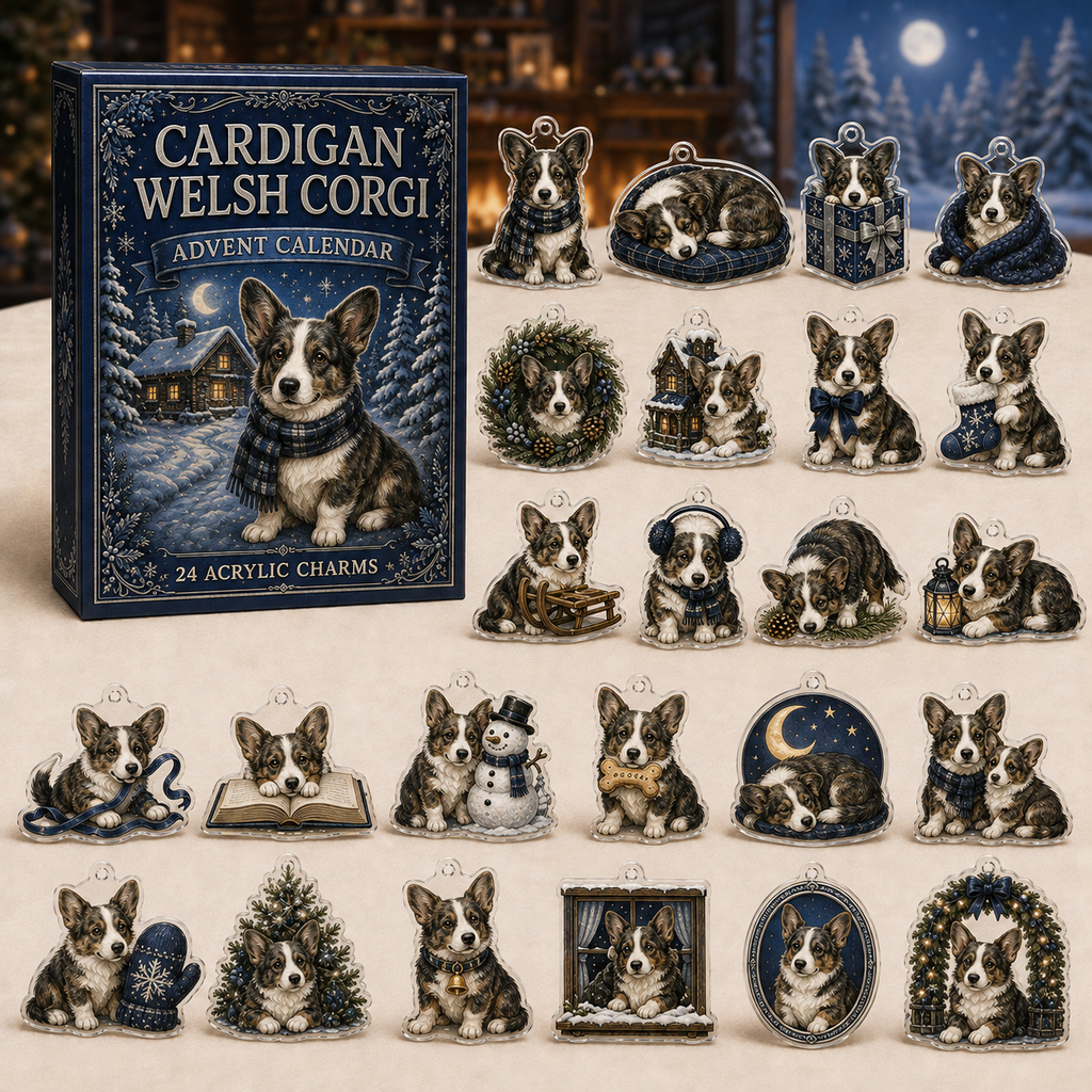 Cardigan Welsh Corgi advent calendar box and full set of 24 illustrated acrylic charms on a light tabletop