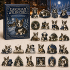 Cardigan Welsh Corgi advent calendar box and full set of 24 illustrated acrylic charms on a light tabletop
