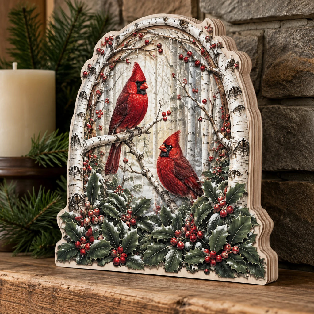 Cardinal Birch Keepsake wooden block 3 layer with a dimensional printed design in a cardinal woodland setting