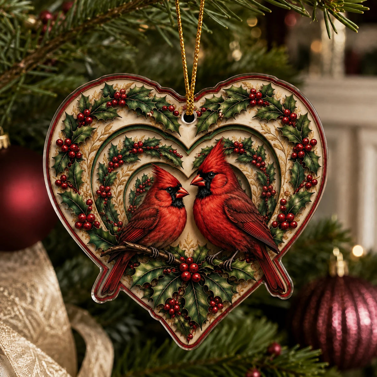 Cardinal Holly Heart christmas ornament with a dimensional printed design in a cardinal christmas setting