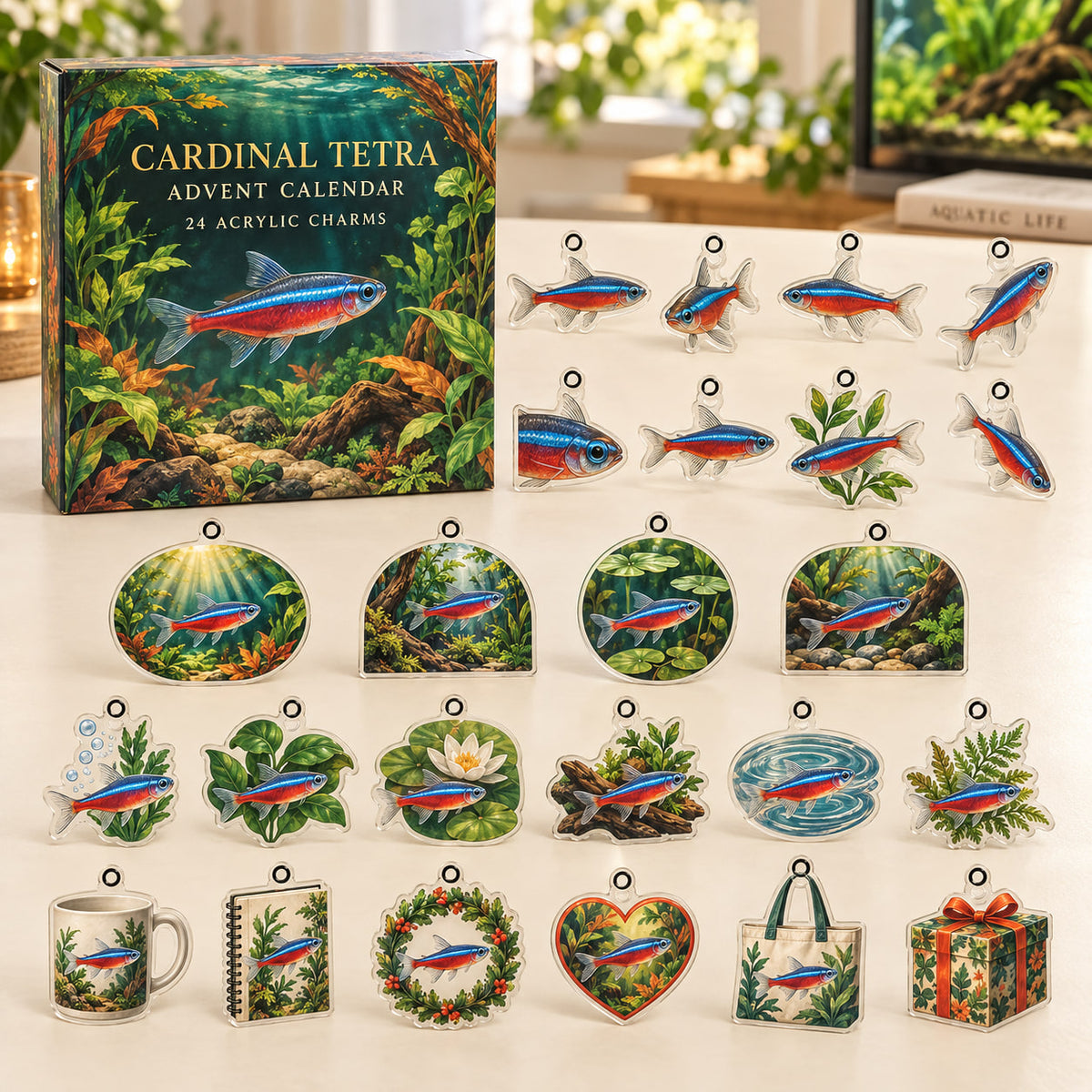 Cardinal Tetra advent calendar box with 24 themed flat printed acrylic charms