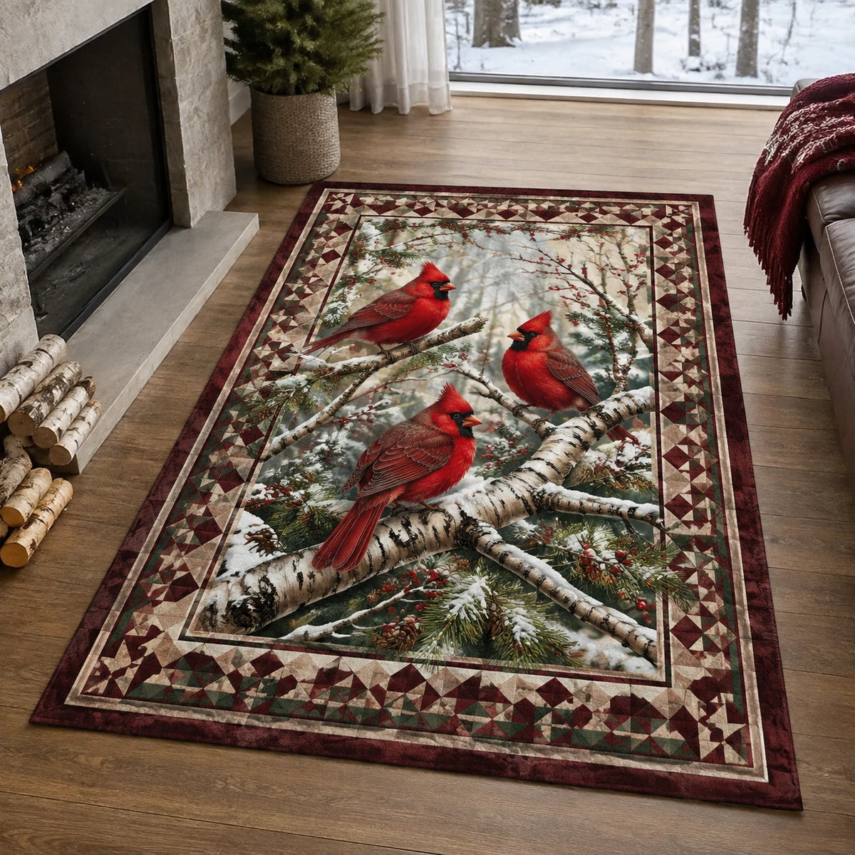 Cardinal Winter Birch Grove area rug with a dimensional printed design in a winter cardinal setting