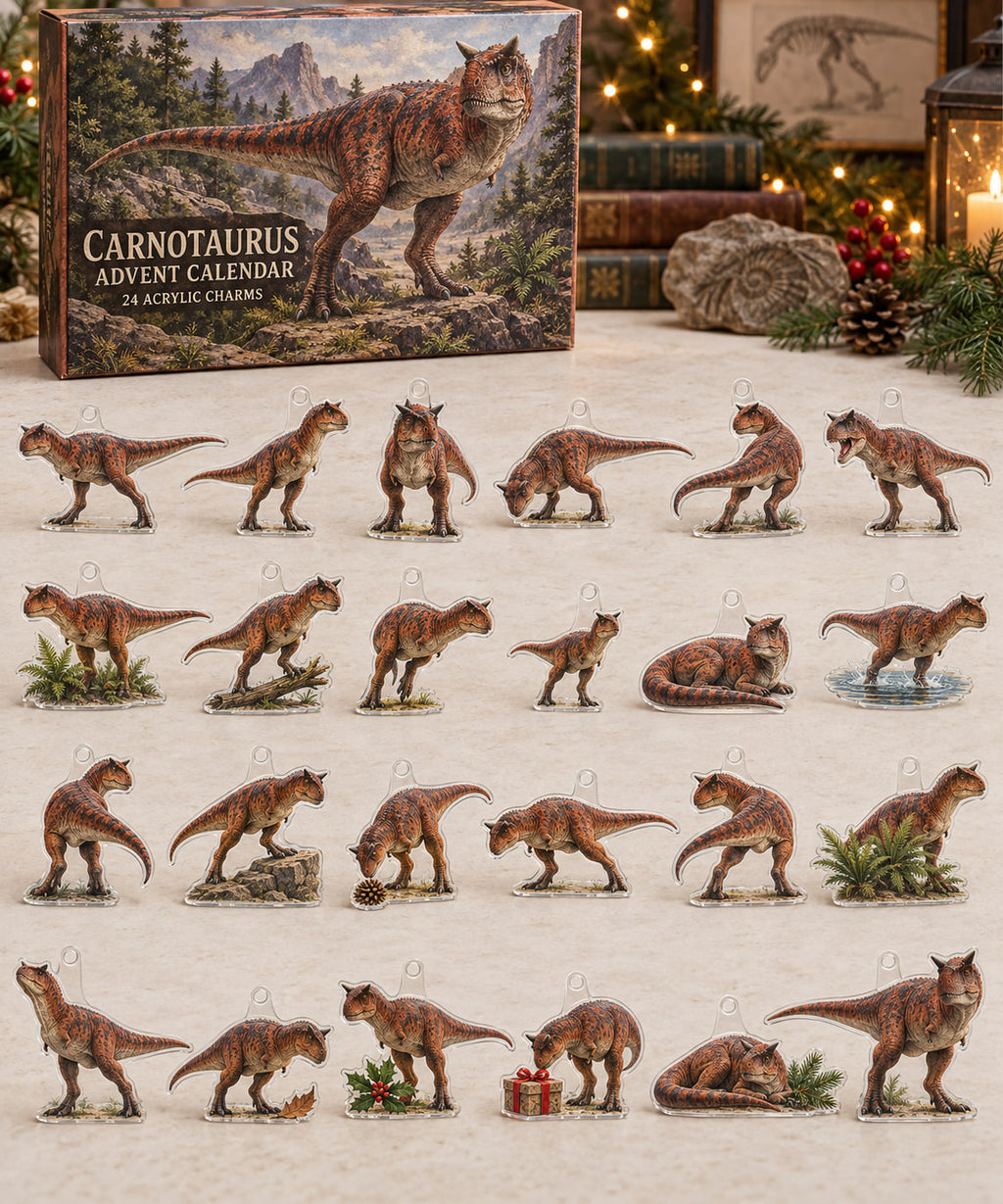Carnotaurus advent calendar with 24 custom-shaped flat acrylic charms and printed dimensional artwork