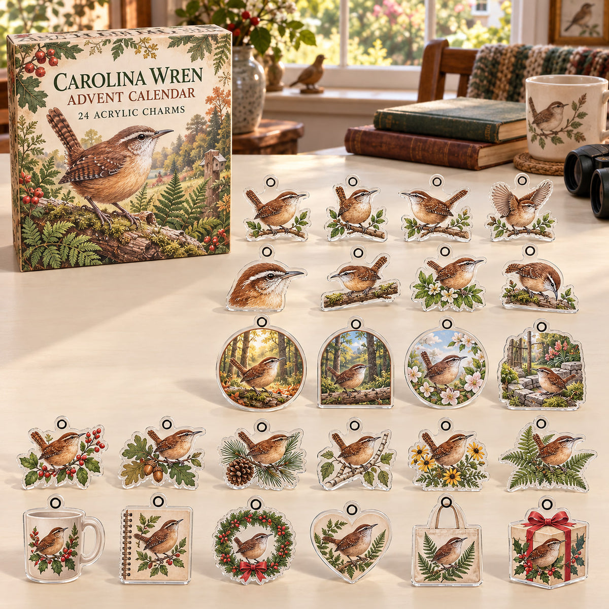 Carolina Wren advent calendar box with 24 themed flat printed acrylic charms