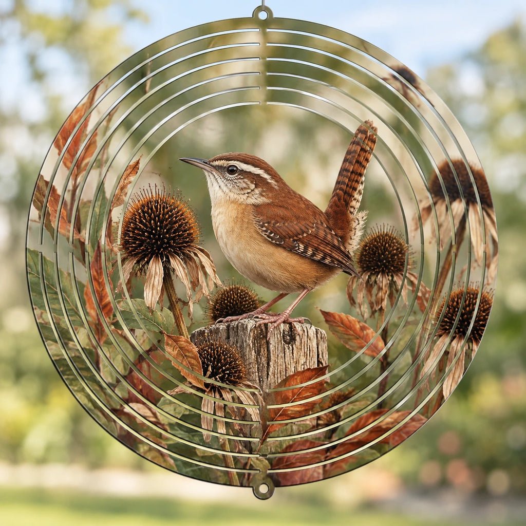 Carolina Wren Autumn Seedheads Wind Spinner with printed dimensional artwork