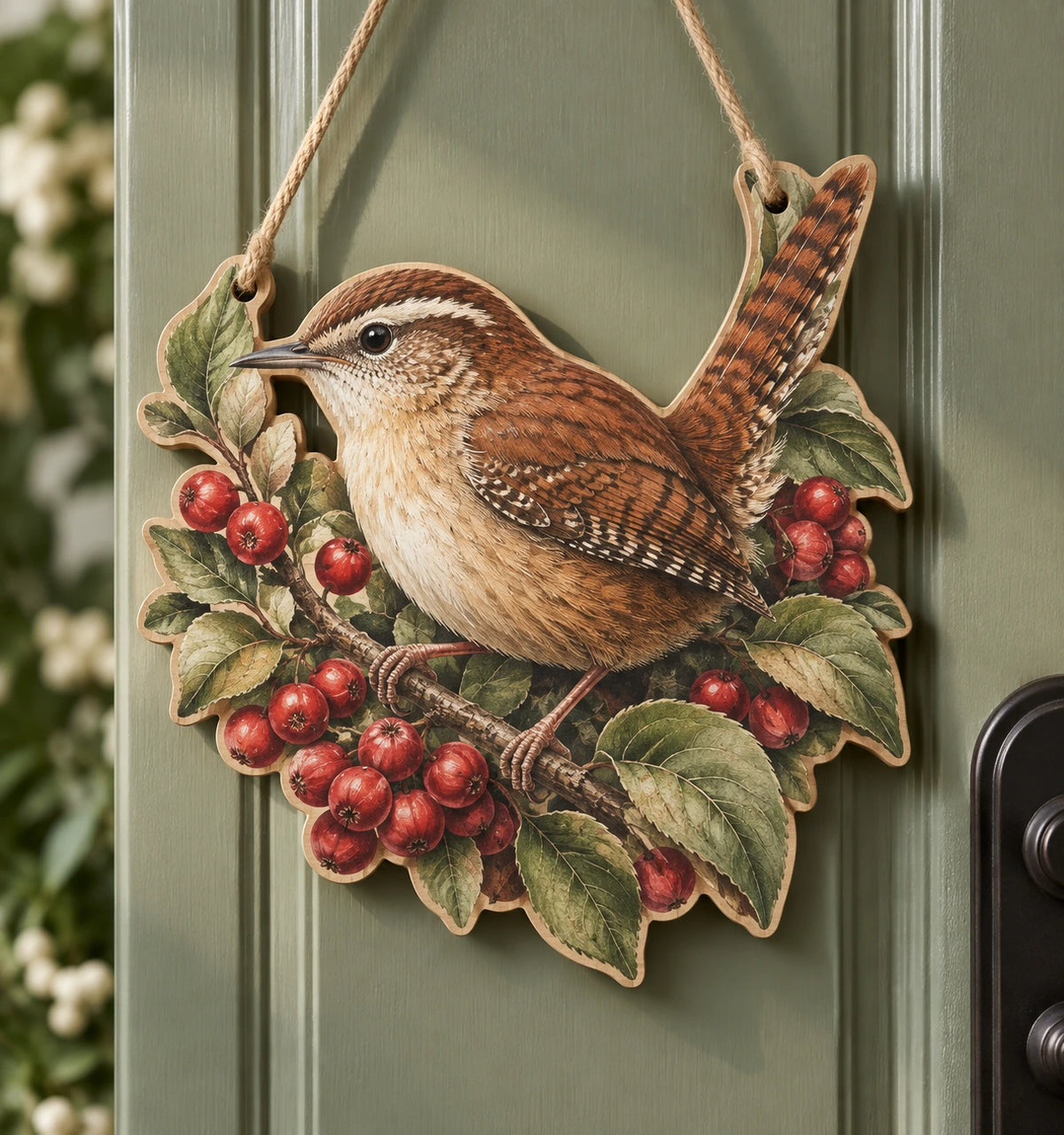 Carolina Wren Berry Hedge Custom Shape Door Hanger with printed dimensional artwork