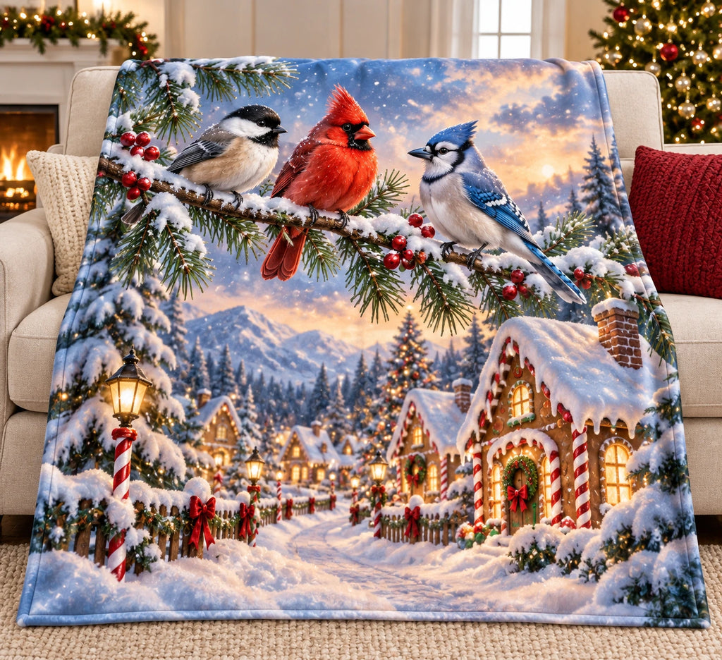 Caroling Birds Candy Cottage Fleece Throw Blanket with printed dimensional holiday artwork