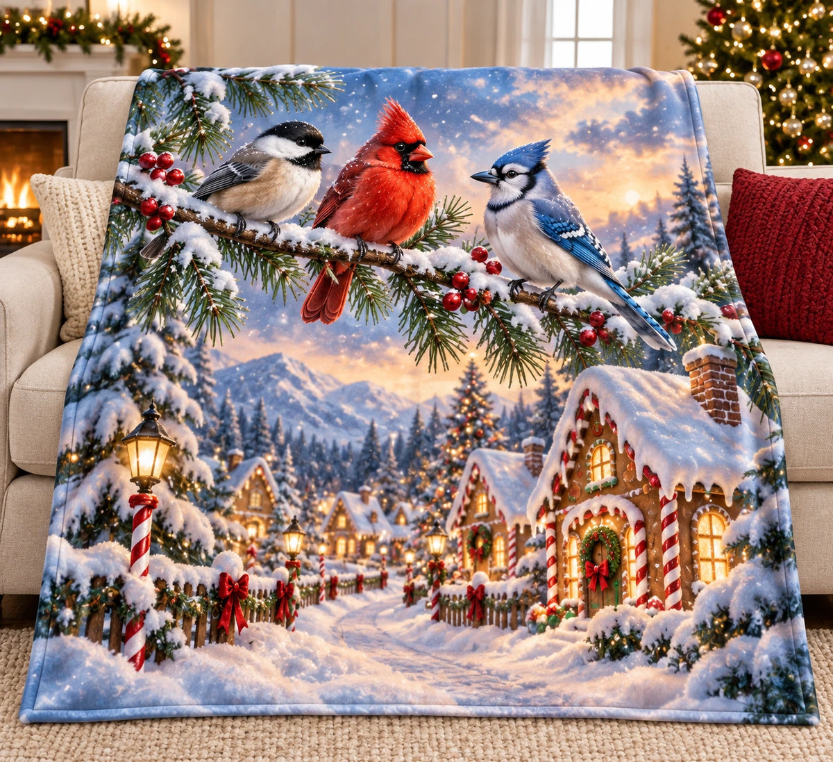 Caroling Birds Candy Cottage Fleece Throw Blanket with printed dimensional holiday artwork