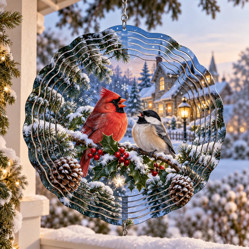 Caroling Birds Quiet Snowfall Wind Spinner with printed dimensional artwork