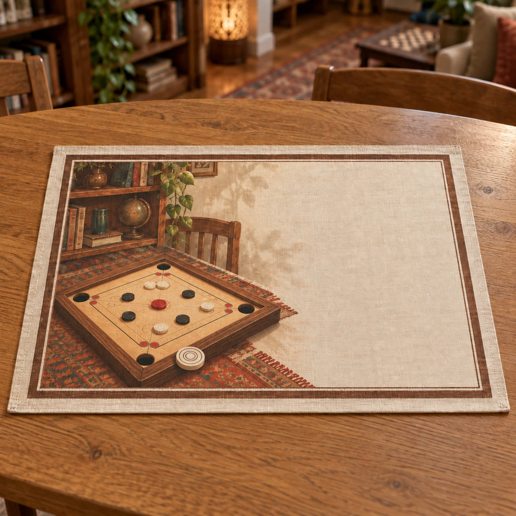 Carrom Game Room Linen Placemat with original printed optical 3D artwork