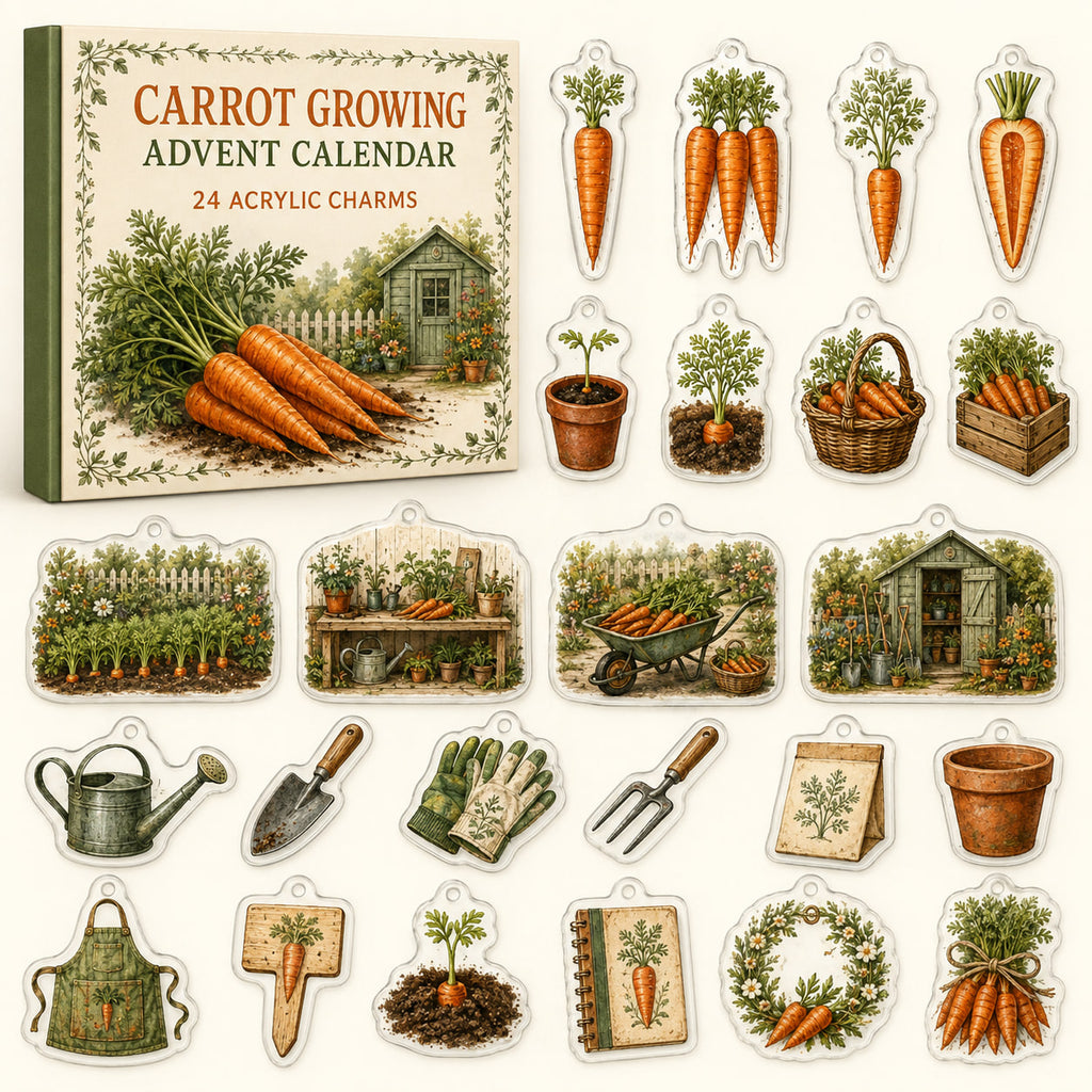 Carrot Growing advent calendar with24 printed acrylic garden charms