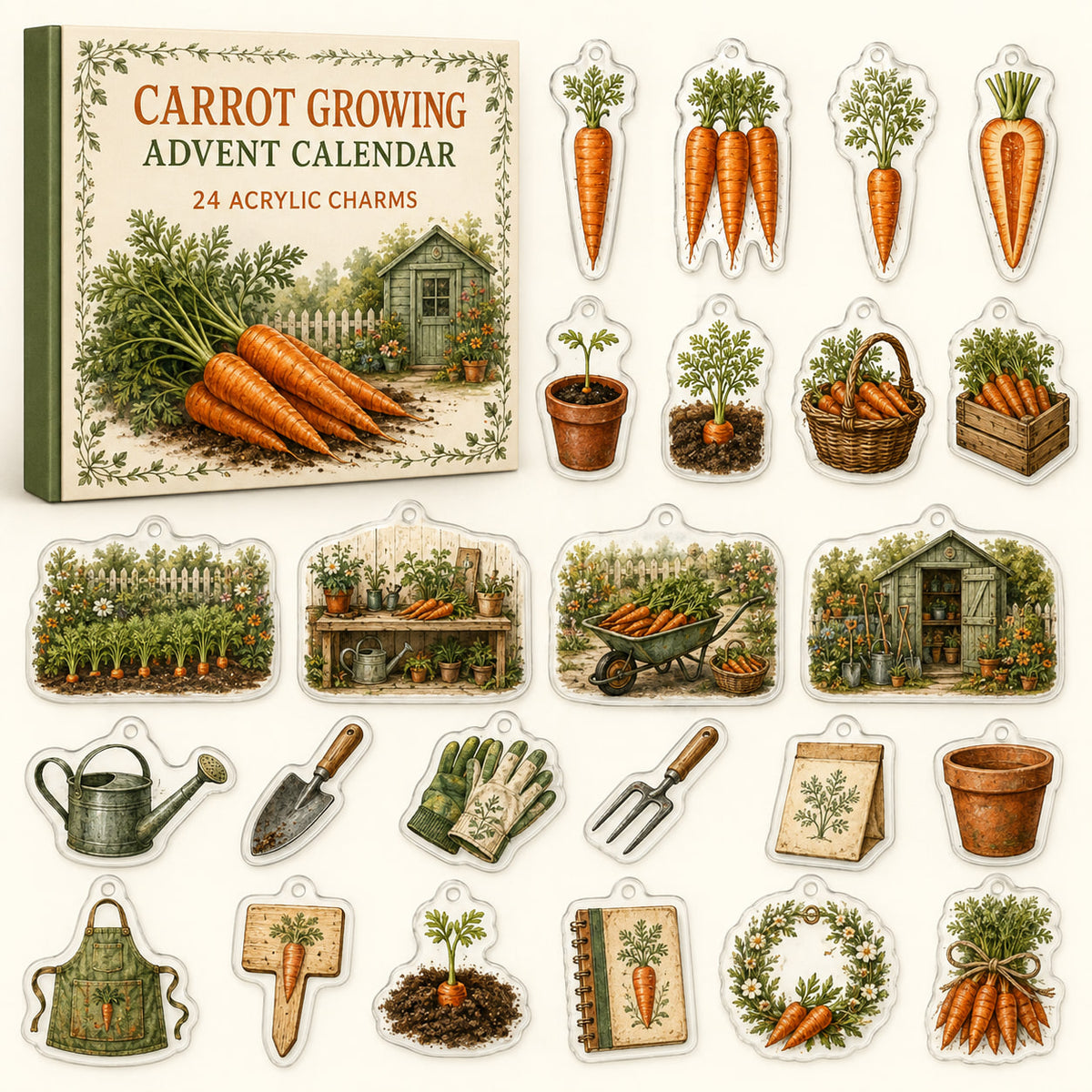 Carrot Growing advent calendar with24 printed acrylic garden charms