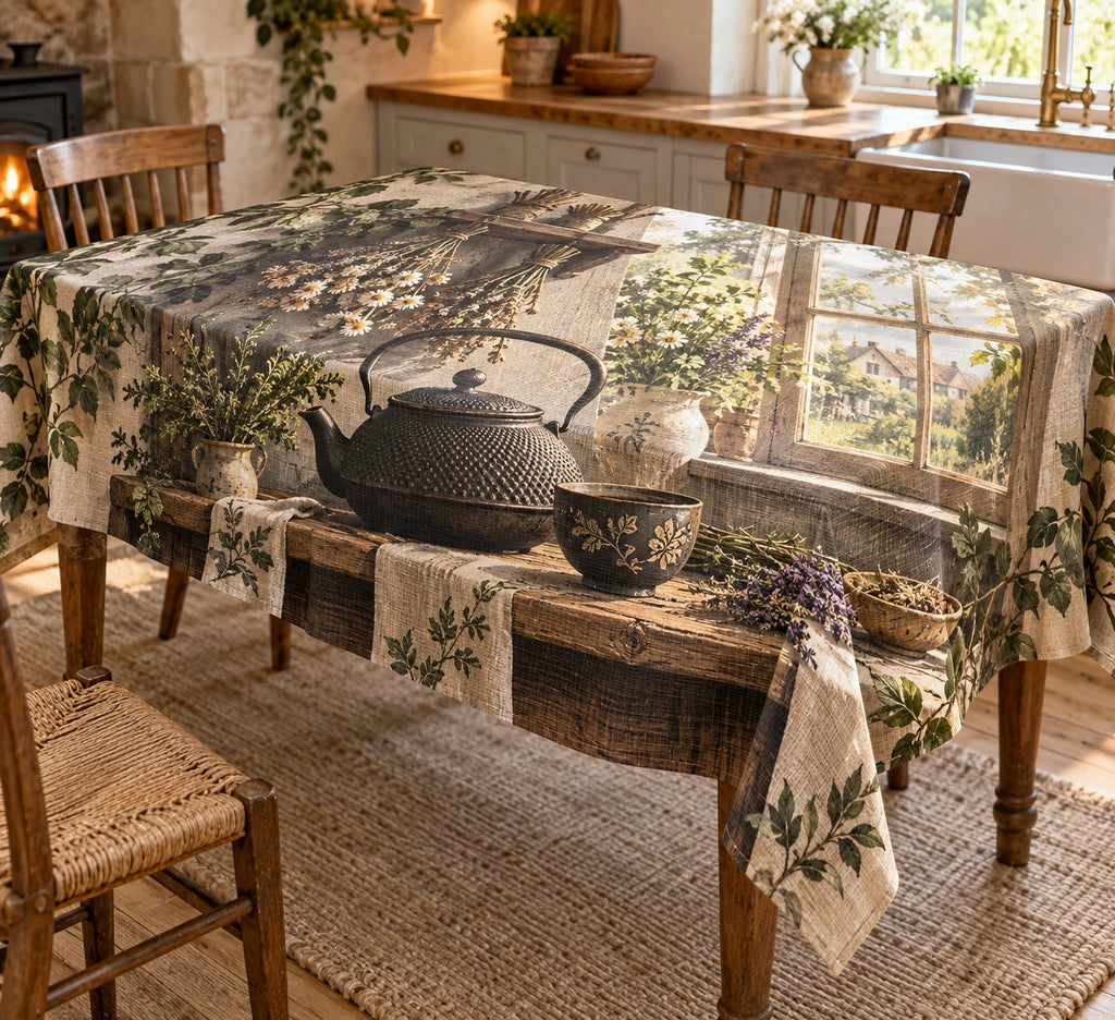 Cast Iron Teapot Cottage Shelf Tablecloth with printed dimensional artwork