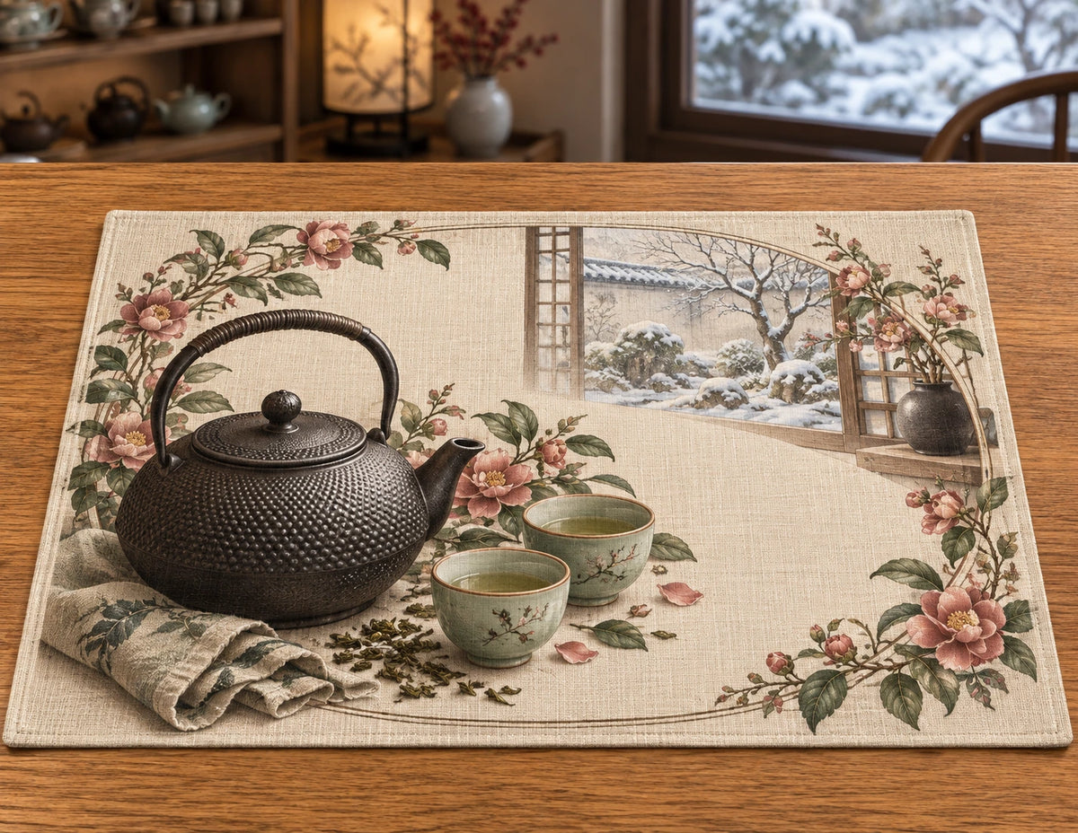 Cast Iron Teapot Tea for Two Placemat with flat printed dimensional tea artwork