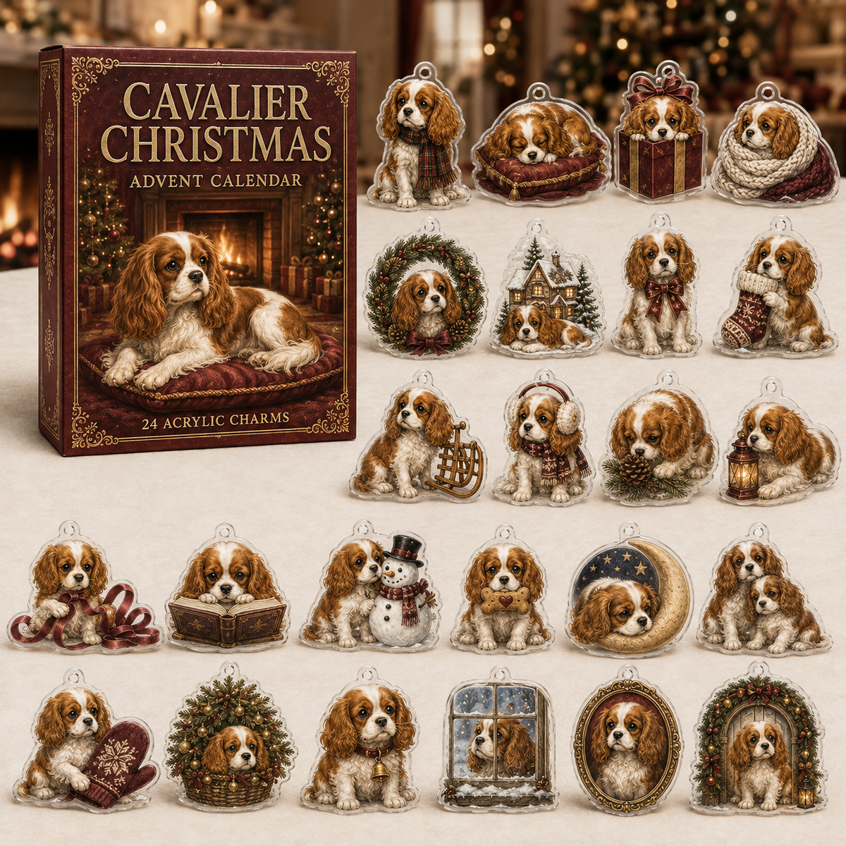 Cavalier King Charles Spaniel Christmas advent calendar gift box with 24 illustrated acrylic charms arranged on a light tabletop