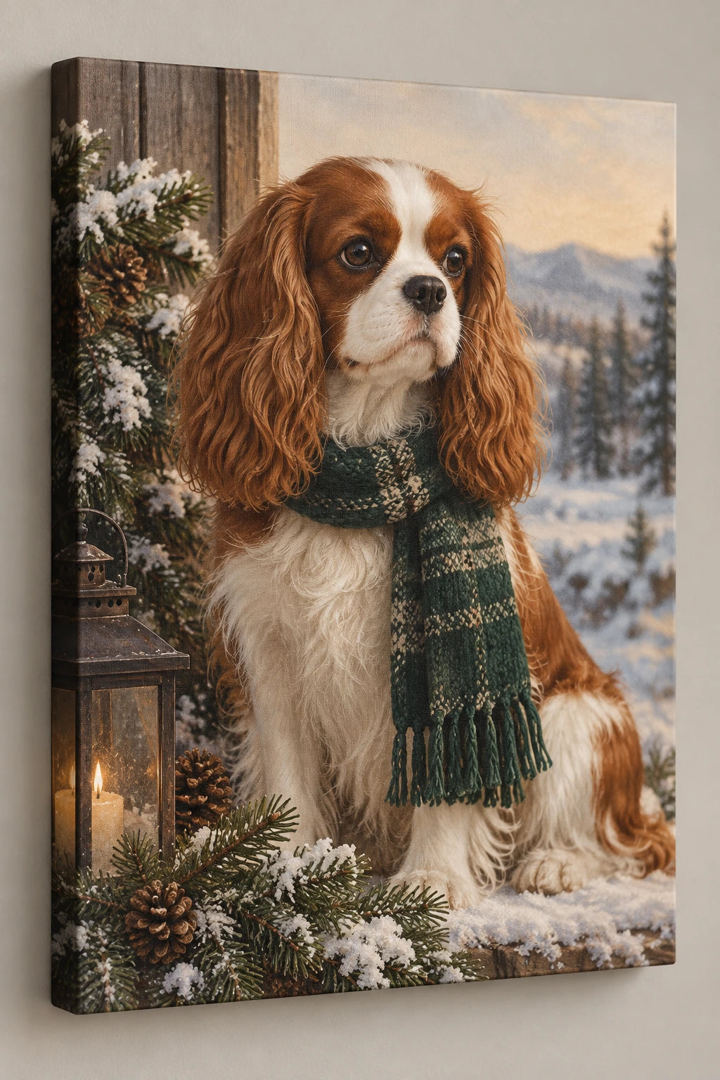 Cavalier Spaniel Snowy Scarf Canvas Wall Art with printed dimensional artwork