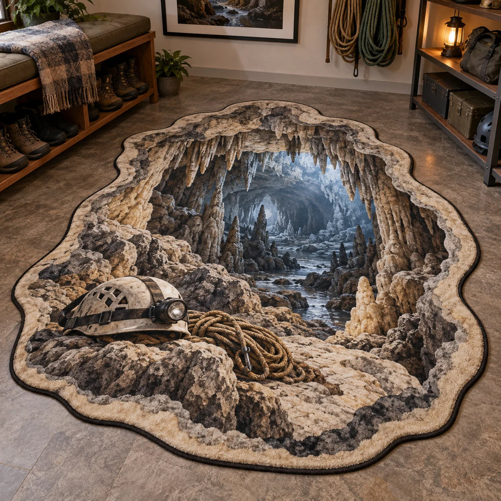 Cave Exploration printed 3D custom shape area rug with coordinated border and hobby setting