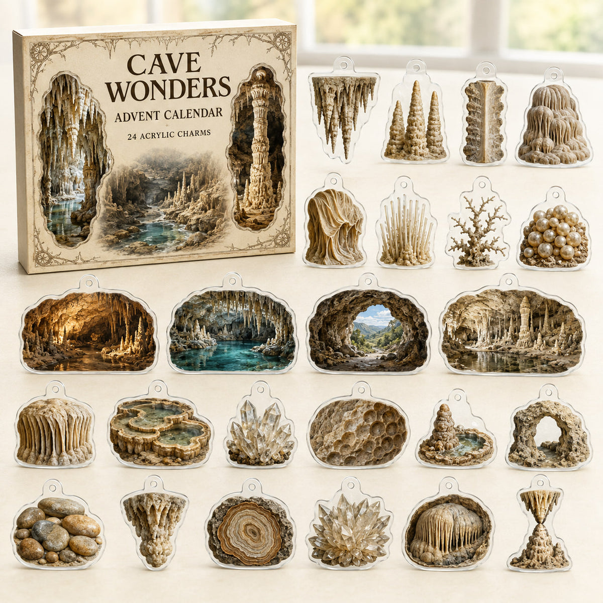 Cave Formations advent calendar box with 24 printed acrylic nature charms