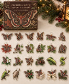 Cecropia Moth advent calendar with 24 custom-shaped flat acrylic charms and printed dimensional artwork