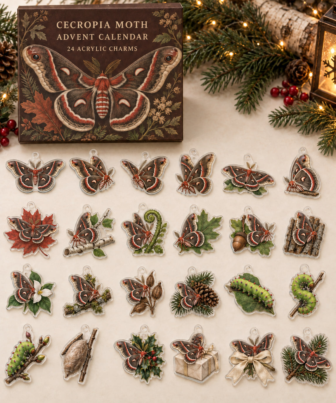 Cecropia Moth advent calendar with 24 custom-shaped flat acrylic charms and printed dimensional artwork