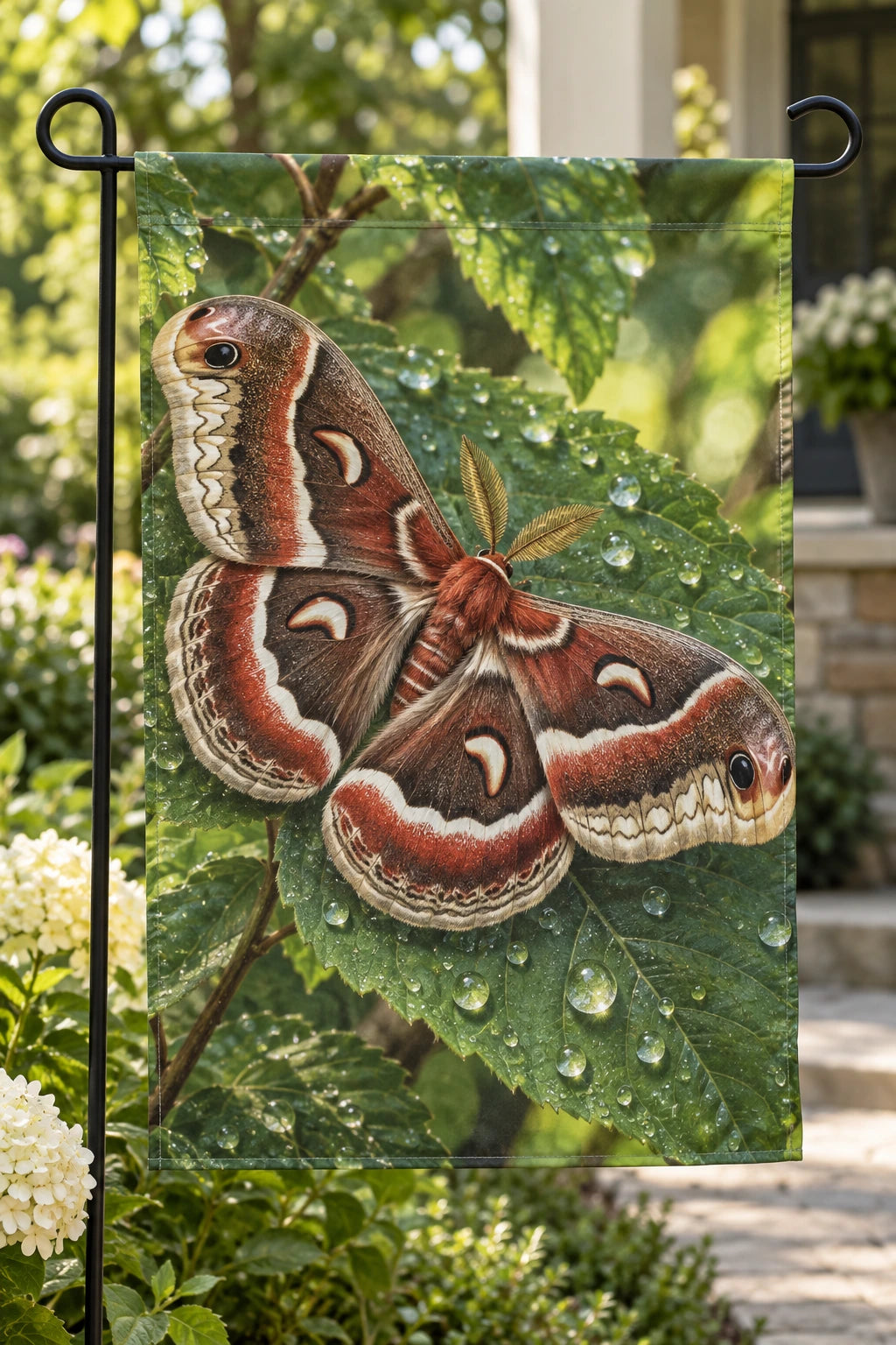 Cecropia Moth Dewdrop Leaf Garden Flag with printed dimensional artwork