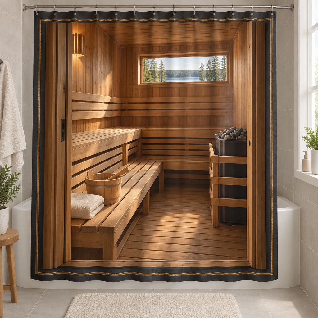 Cedar Sauna Retreat Shower Curtain with original printed optical 3D artwork