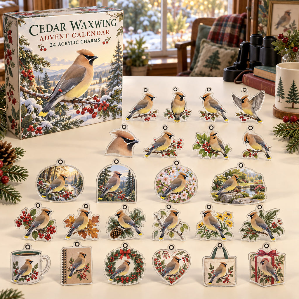 Cedar Waxwing advent calendar box with 24 themed flat printed acrylic charms