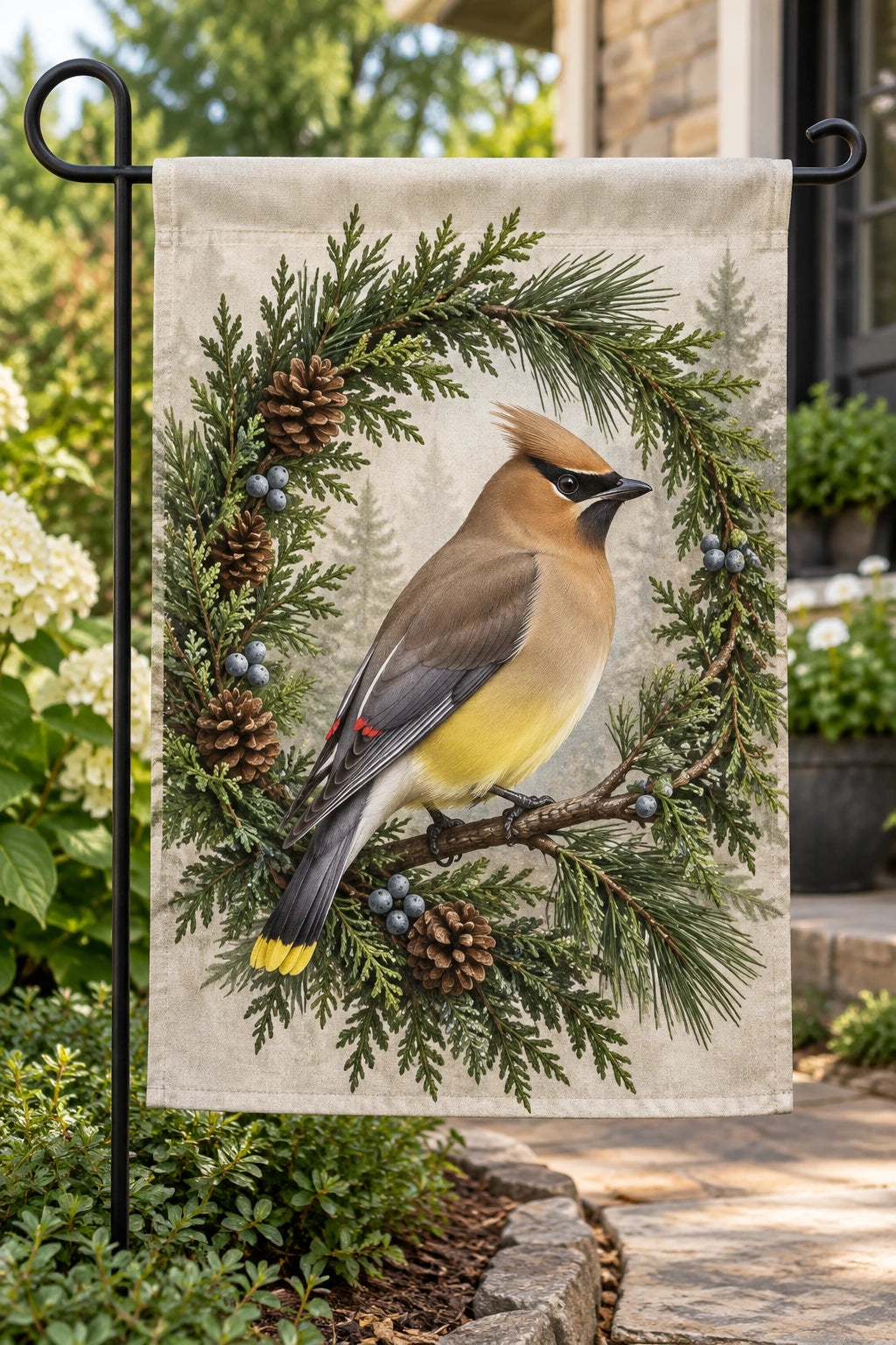 Cedar Waxwing Holiday Wreath Garden Flag with printed dimensional artwork