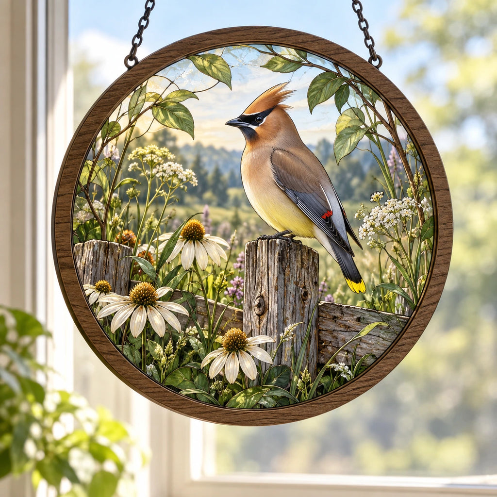 Cedar Waxwing Wildflower Fence Wood & Acrylic Suncatcher with printed dimensional artwork