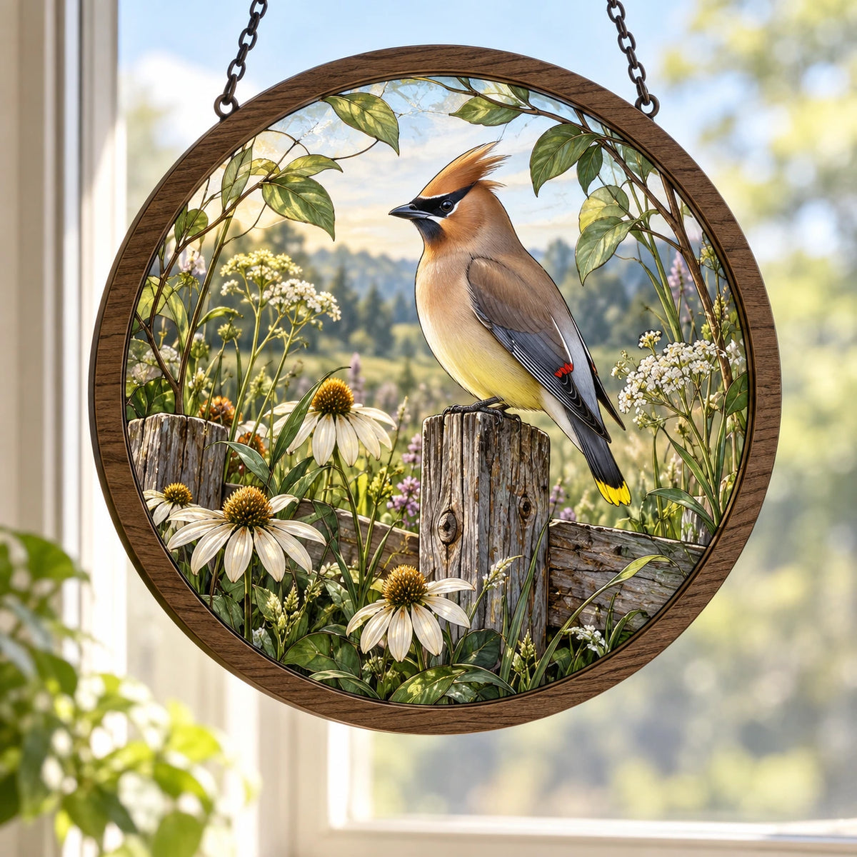 Cedar Waxwing Wildflower Fence Wood & Acrylic Suncatcher with printed dimensional artwork
