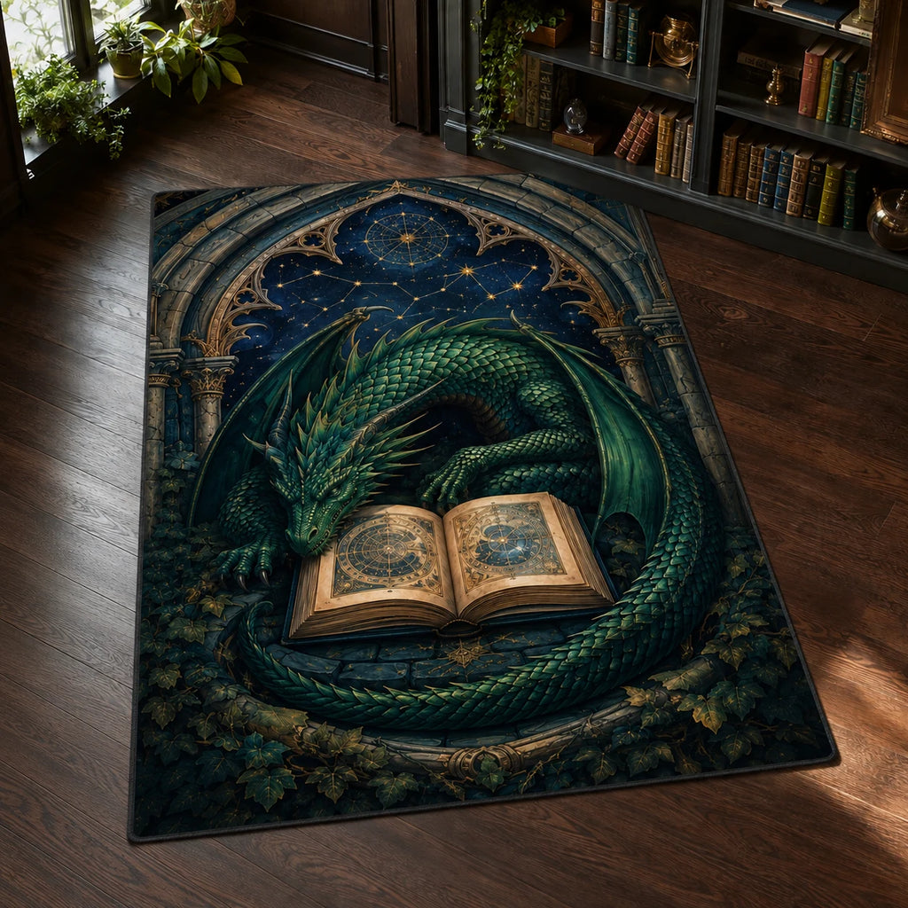 Celestial Dragon Archive area rug with a dimensional printed design in a dragon fantasy setting