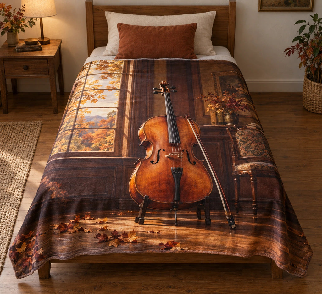 Amber cello and autumn music room, flat printed optical-depth fleece throw blanket.