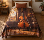 Amber cello and autumn music room, flat printed optical-depth fleece throw blanket.