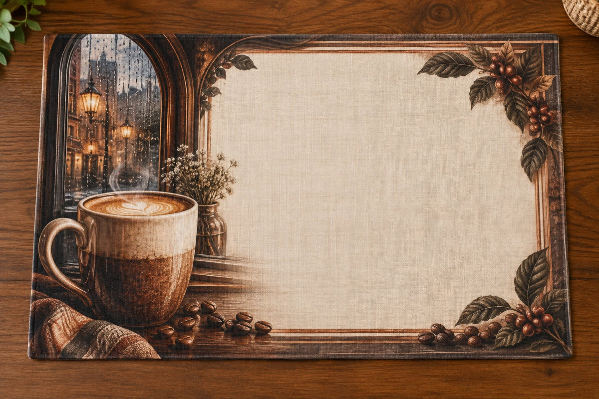 Ceramic Mug Rainy Cafe Placemat with printed dimensional artwork