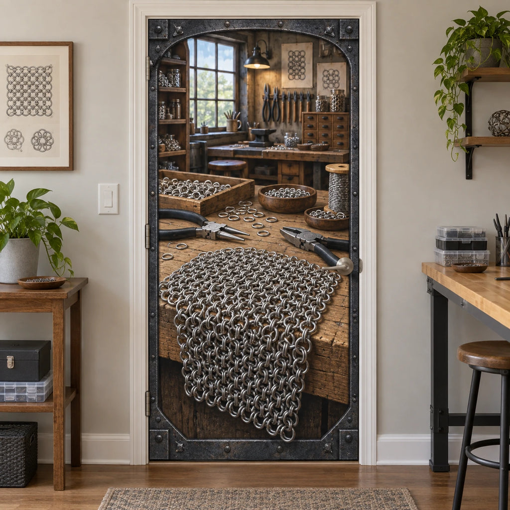 Chainmail Weaving Workshop Fabric Door Cover with original printed optical 3D artwork