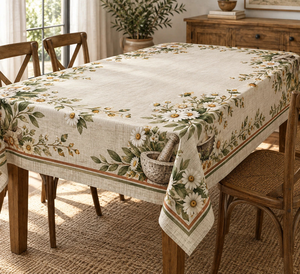 Chamomile Mortar and Pestle Tablecloth with printed dimensional artwork