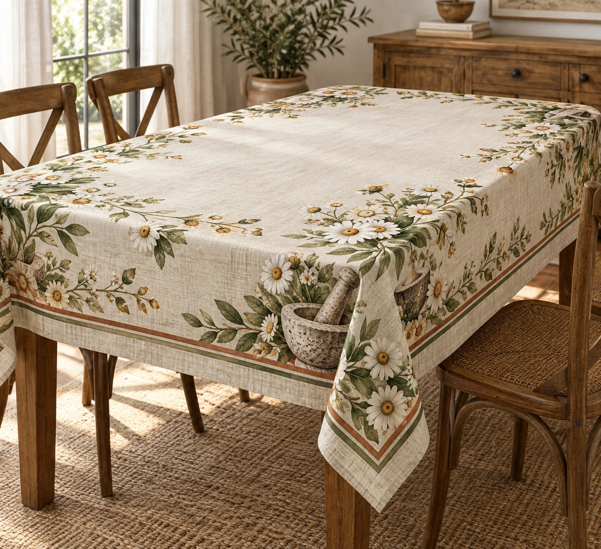Chamomile Mortar and Pestle Tablecloth with printed dimensional artwork