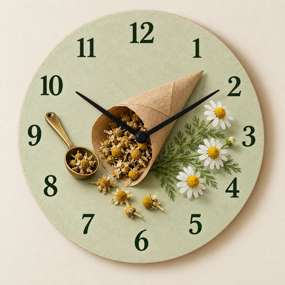 Chamomile Tea Harvest Wooden Wall Clock with printed paper cone and white chamomile flowers