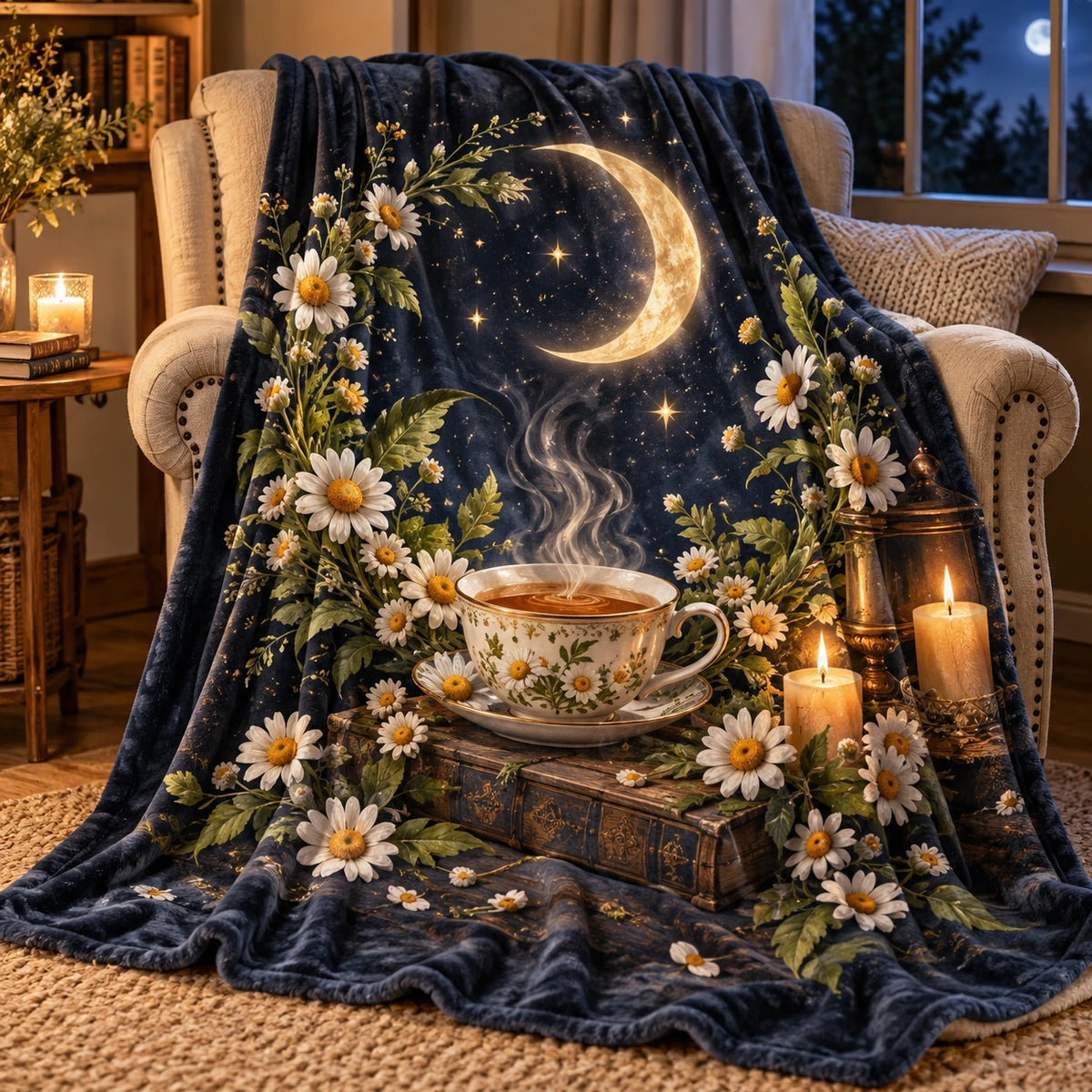 Chamomile Tea Moonlit Tea Fleece Throw Blanket with printed 3D depth