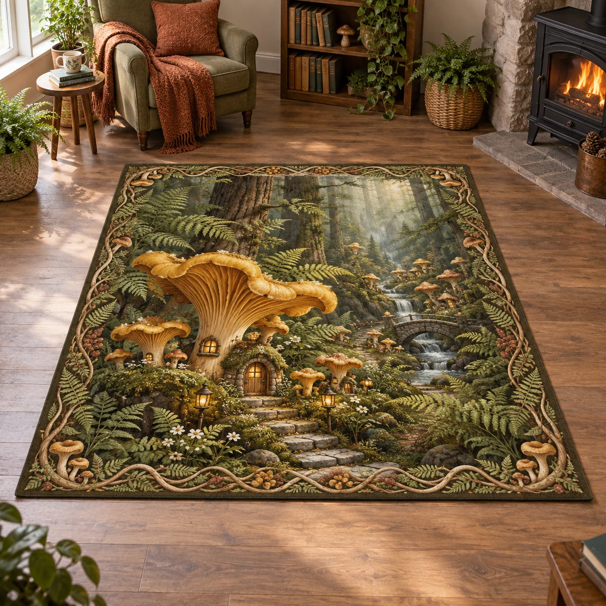 Chanterelle mushroom village area rug with ferns, warm window details and woodland depth in a cottage setting