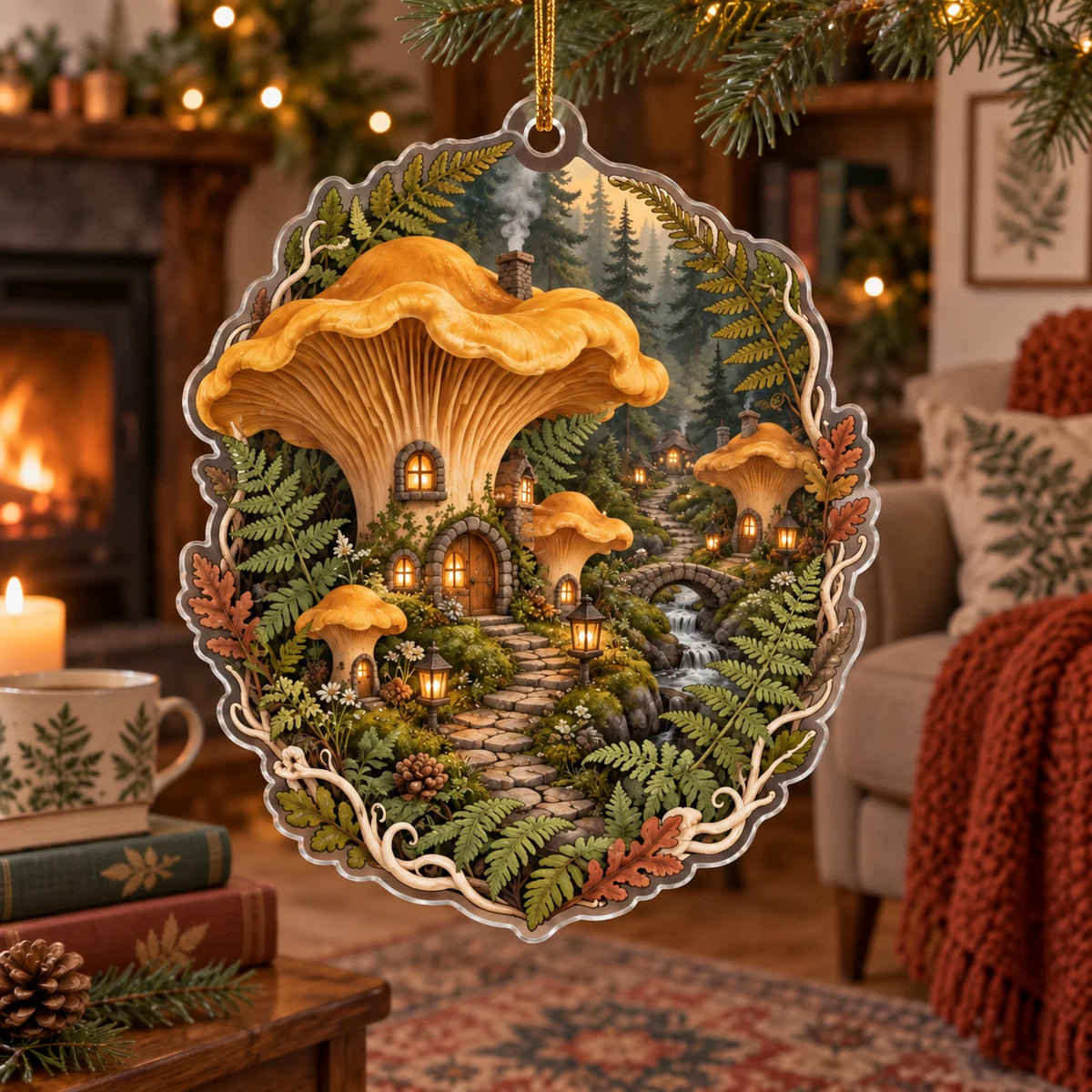 Chanterelle mushroom village christmas ornament with ferns, warm window details and woodland depth in a cottage setting