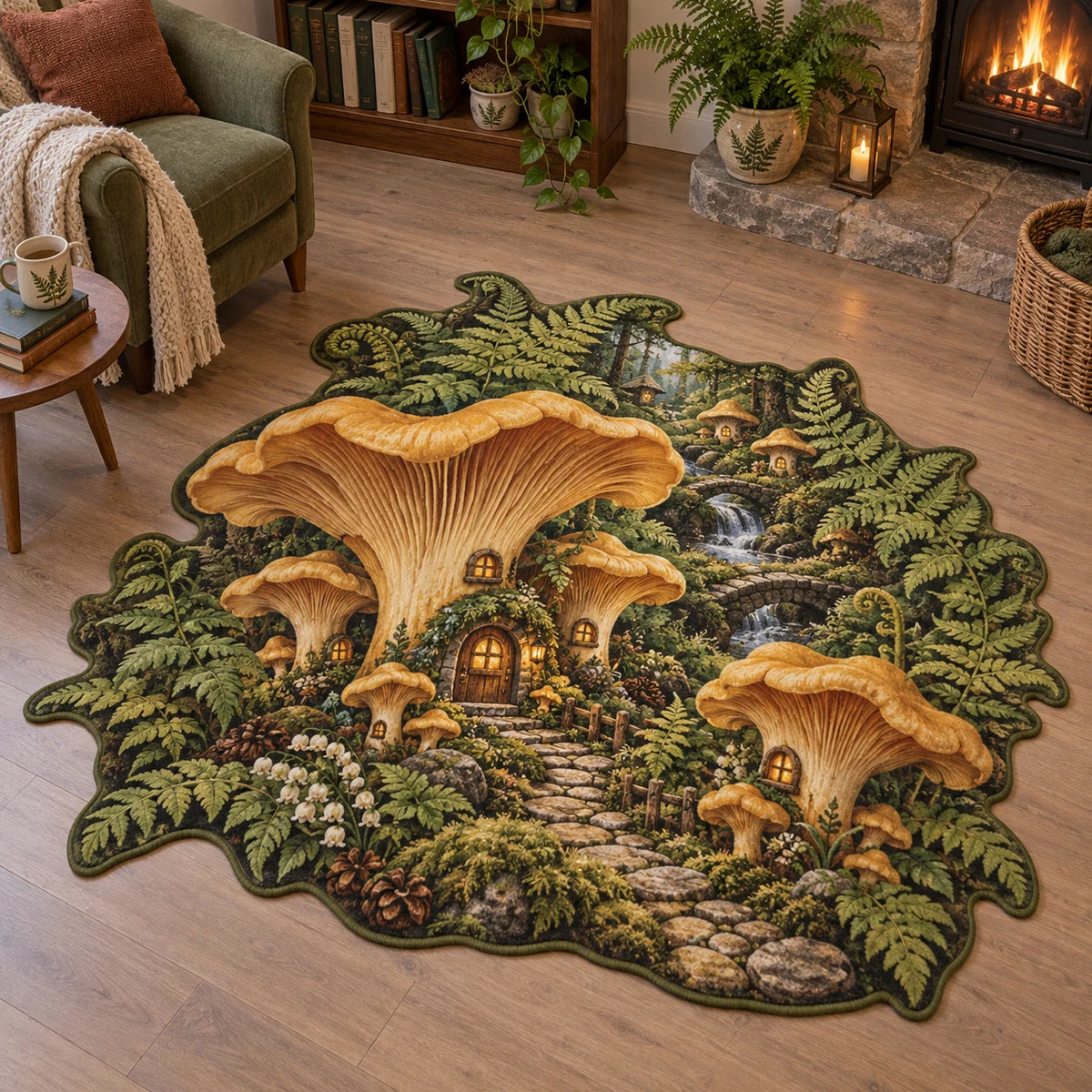 Chanterelle mushroom village custom shape area rug with ferns, warm window details and woodland depth in a cottage setting