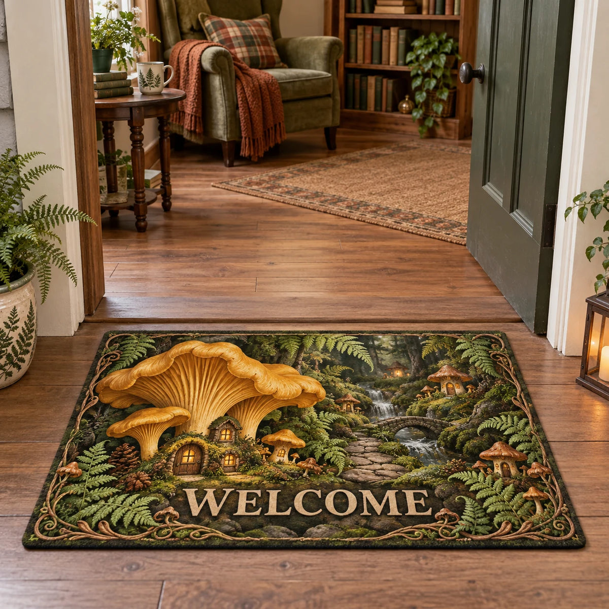 Chanterelle mushroom village doormat with ferns, warm window details and woodland depth in a cottage setting