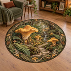 Chanterelle mushroom village round mat rug with ferns, warm window details and woodland depth in a cottage setting