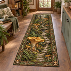 Chanterelle mushroom village runner rug with ferns, warm window details and woodland depth in a cottage setting
