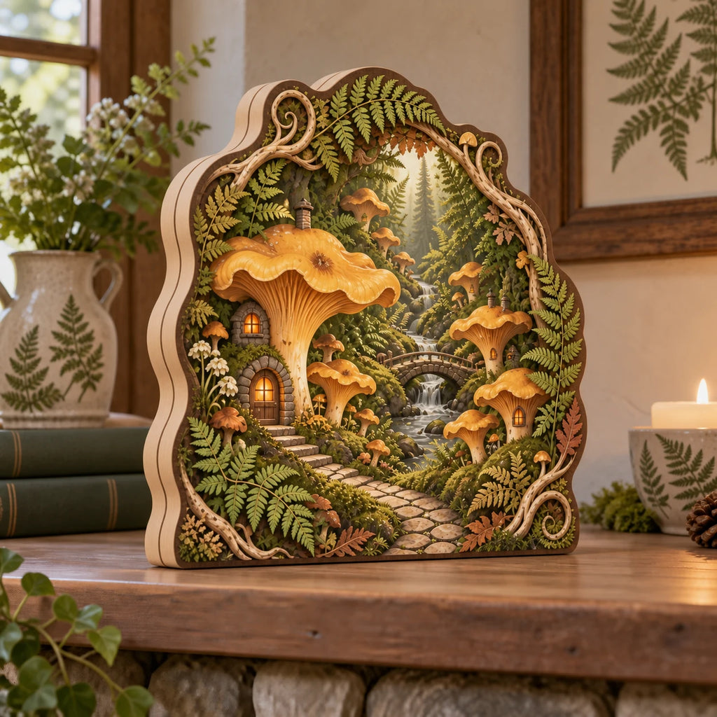 Chanterelle mushroom village wooden block 3 layer with ferns, warm window details and woodland depth in a cottage setting