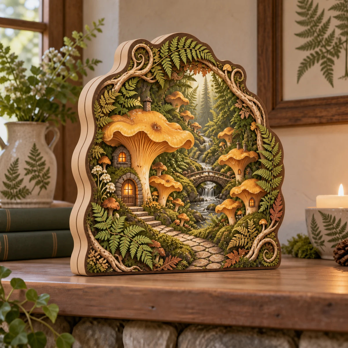 Chanterelle mushroom village wooden block 3 layer with ferns, warm window details and woodland depth in a cottage setting